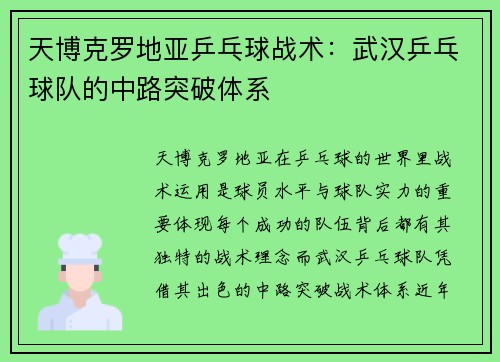 天博克罗地亚乒乓球战术：武汉乒乓球队的中路突破体系