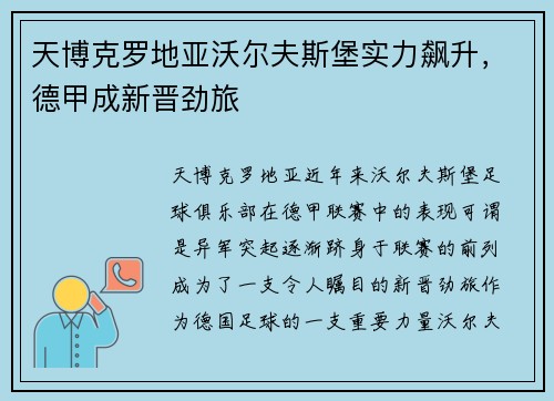 天博克罗地亚沃尔夫斯堡实力飙升，德甲成新晋劲旅